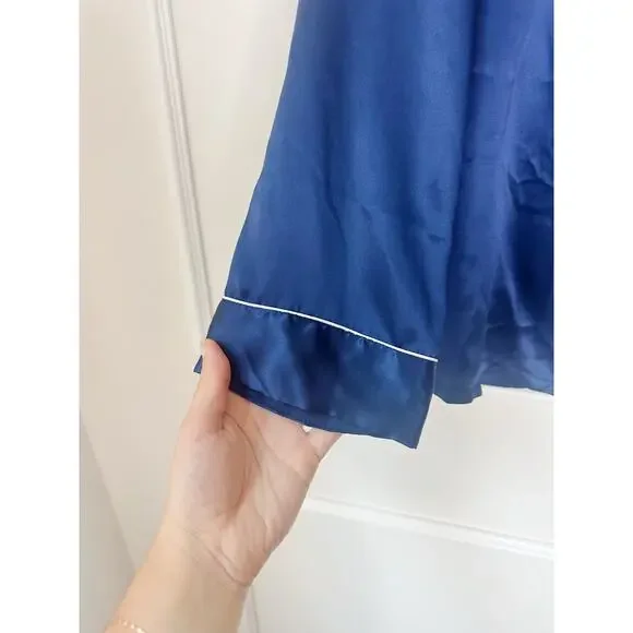 NWT 100% Silk Long Sleeve Navy Blue Pajama Set Size L - Picture 7 of 9